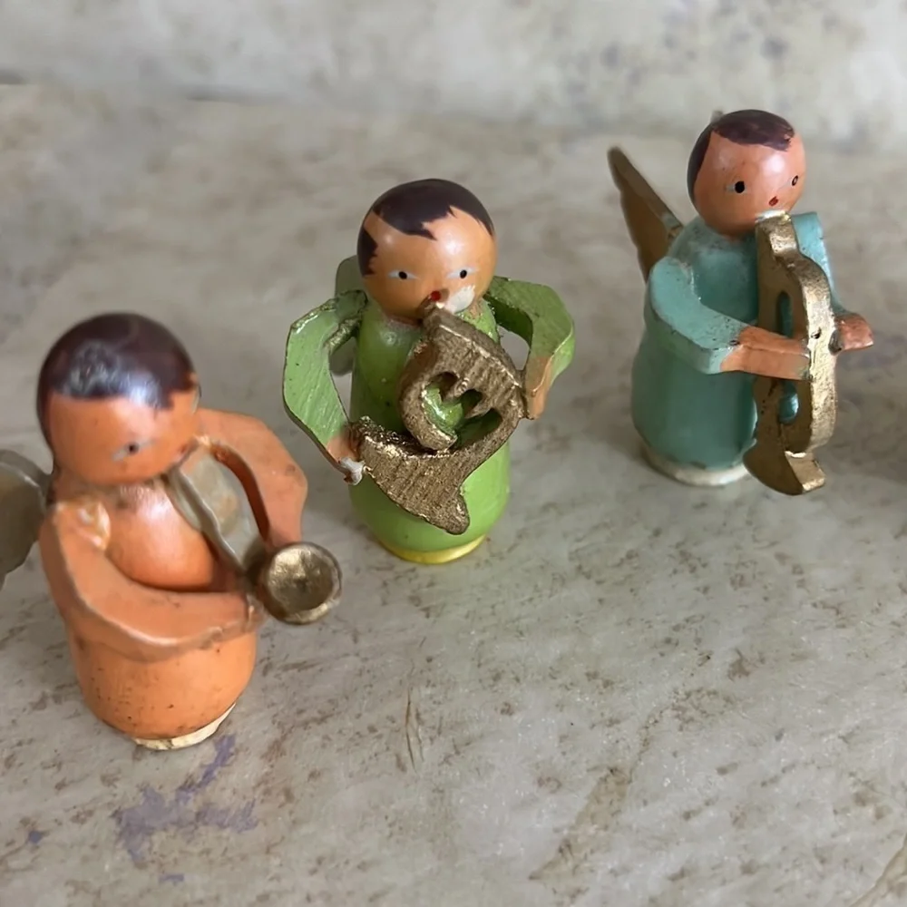 Vintage set of 8 Miniature Wooden Angel Musicians Japan
